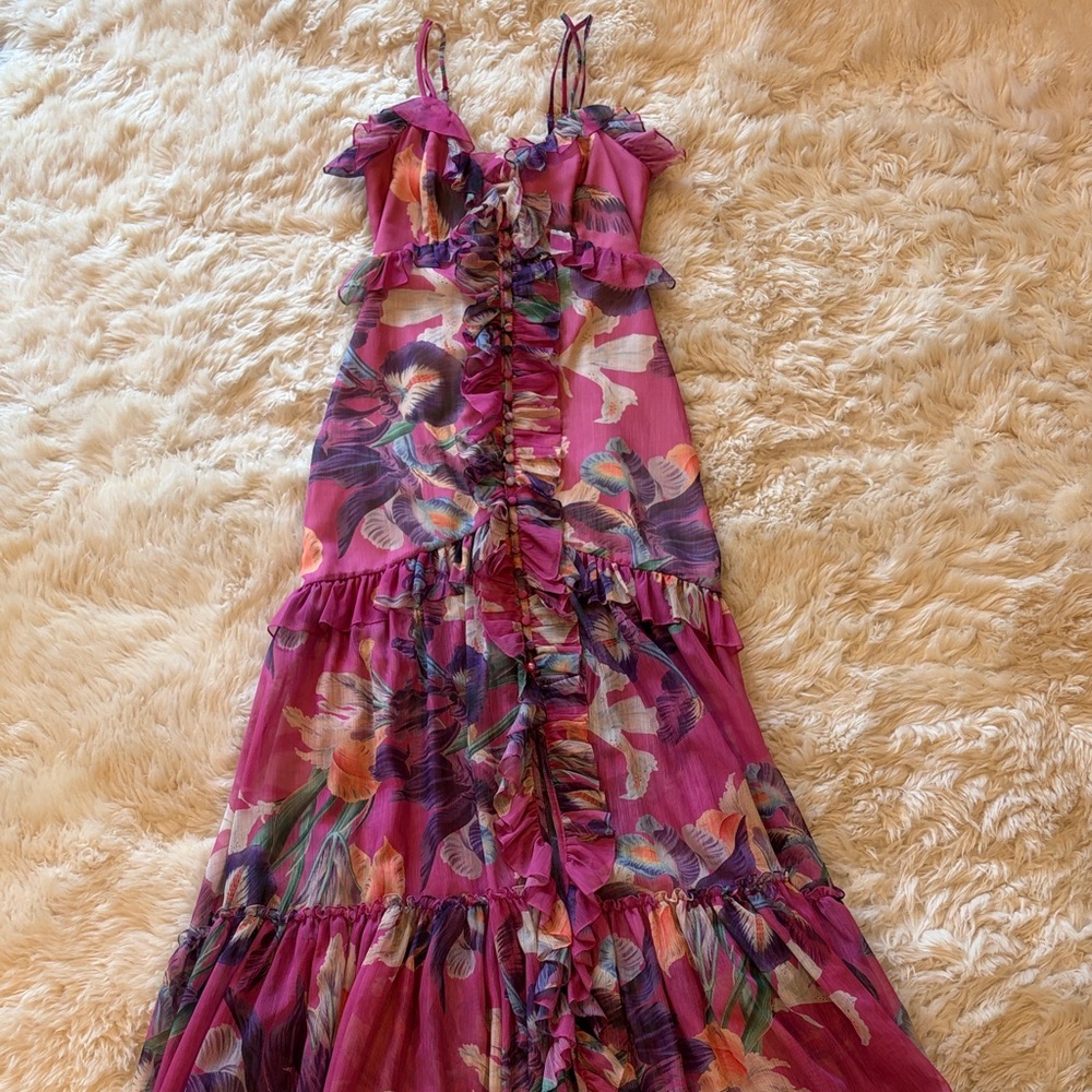 PatBO Floral Ruffle Maxi Dress in Pink and Purple